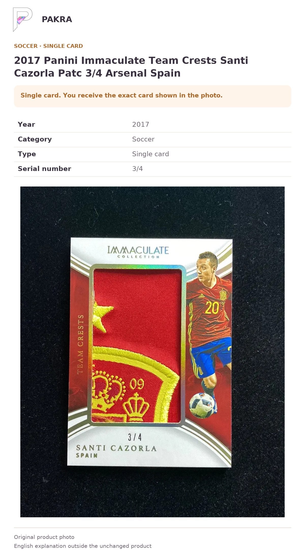 Item details and original photo for 2017 Panini Immaculate Team Crests Santi Cazorla Patc 3/4 Arsenal Spain.
