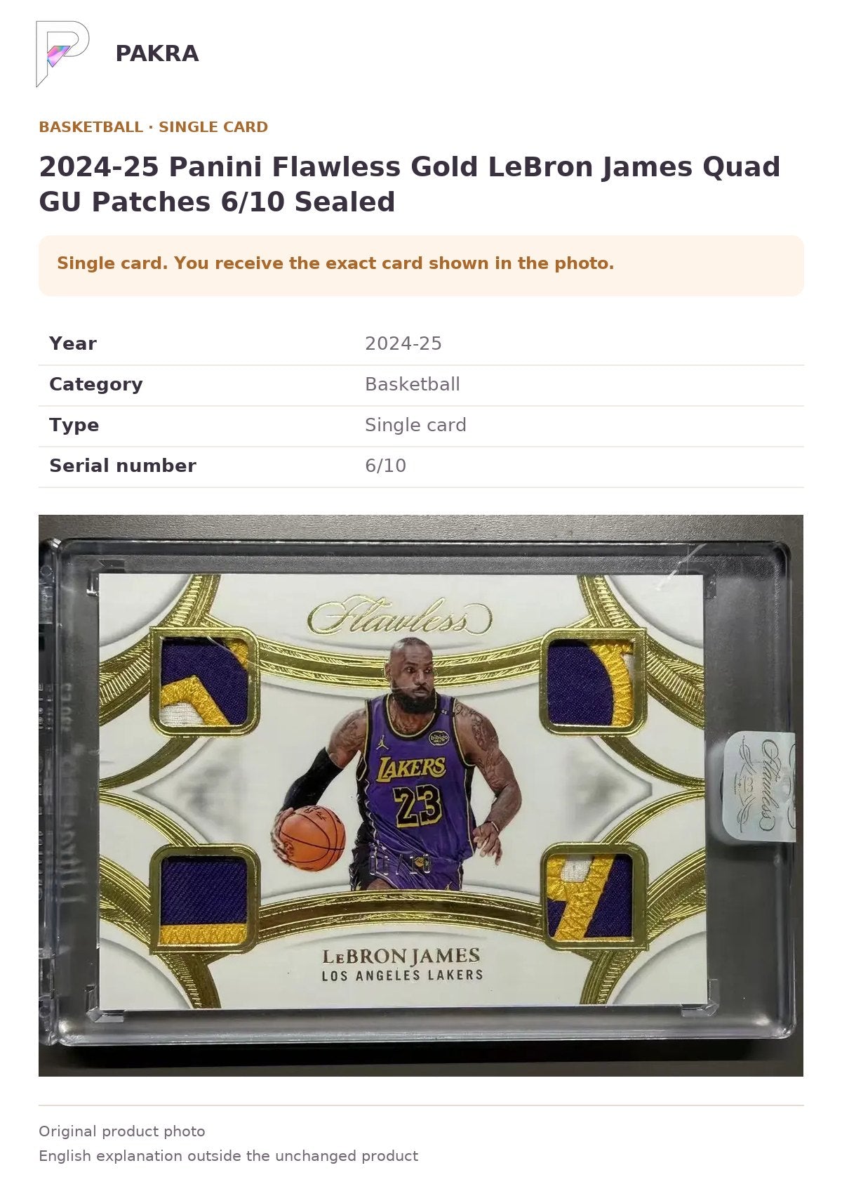Item details and original photo for 2024-25 Panini Flawless Gold LeBron James Quad GU Patches 6/10 Sealed.