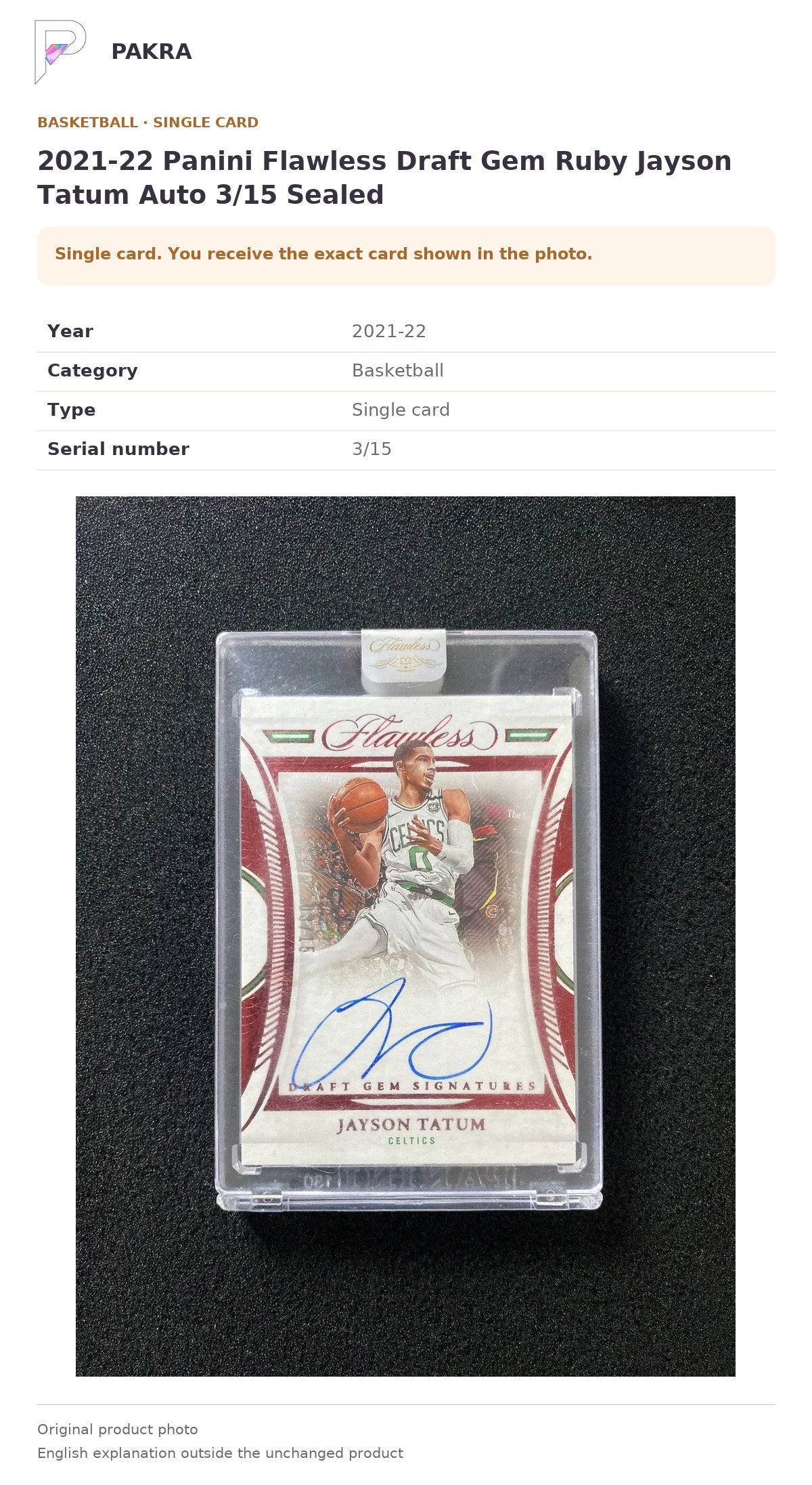 Item details and original photo for 2021-22 Panini Flawless Draft Gem Ruby Jayson Tatum Auto 3/15 Sealed.