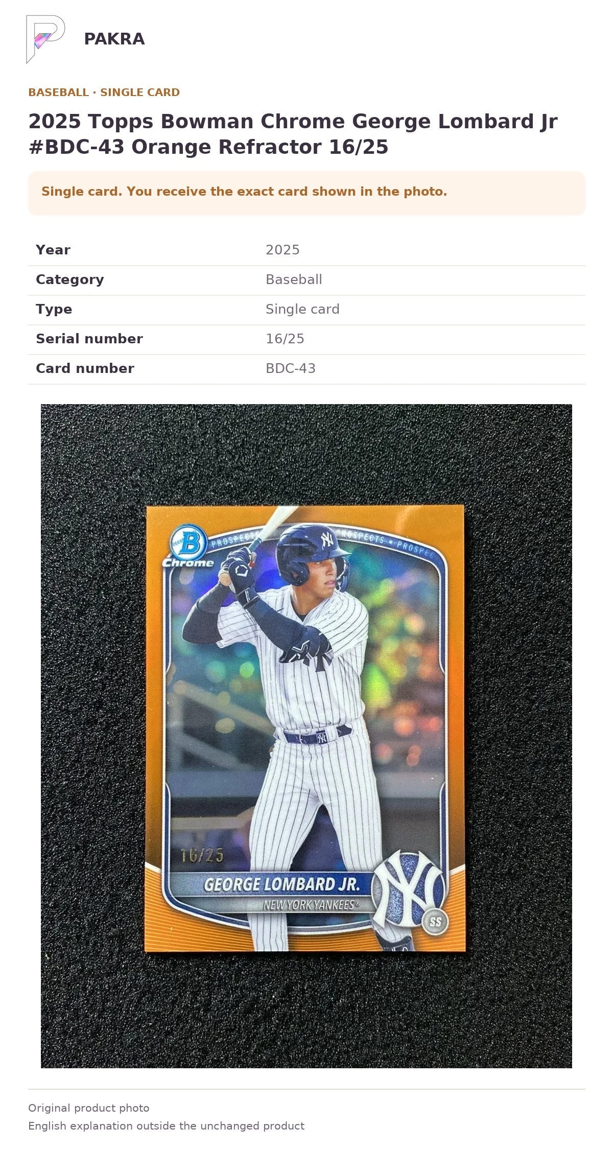 Item details and original photo for 2025 Topps Bowman Chrome George Lombard Jr #BDC-43 Orange Refractor 16/25.