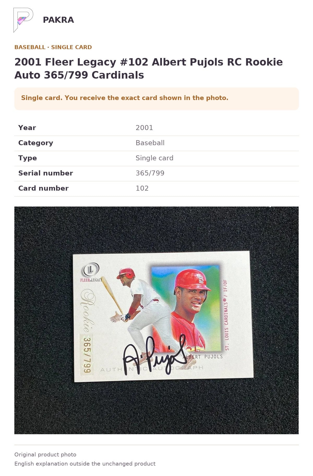 Item details and original photo for 2001 Fleer Legacy #102 Albert Pujols RC Rookie Auto 365/799 Cardinals.