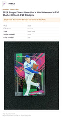 Item details and original photo for 2026 Topps Finest Rare Black Mini Diamond #250 Shohei Ohtani 4/10 Dodgers.