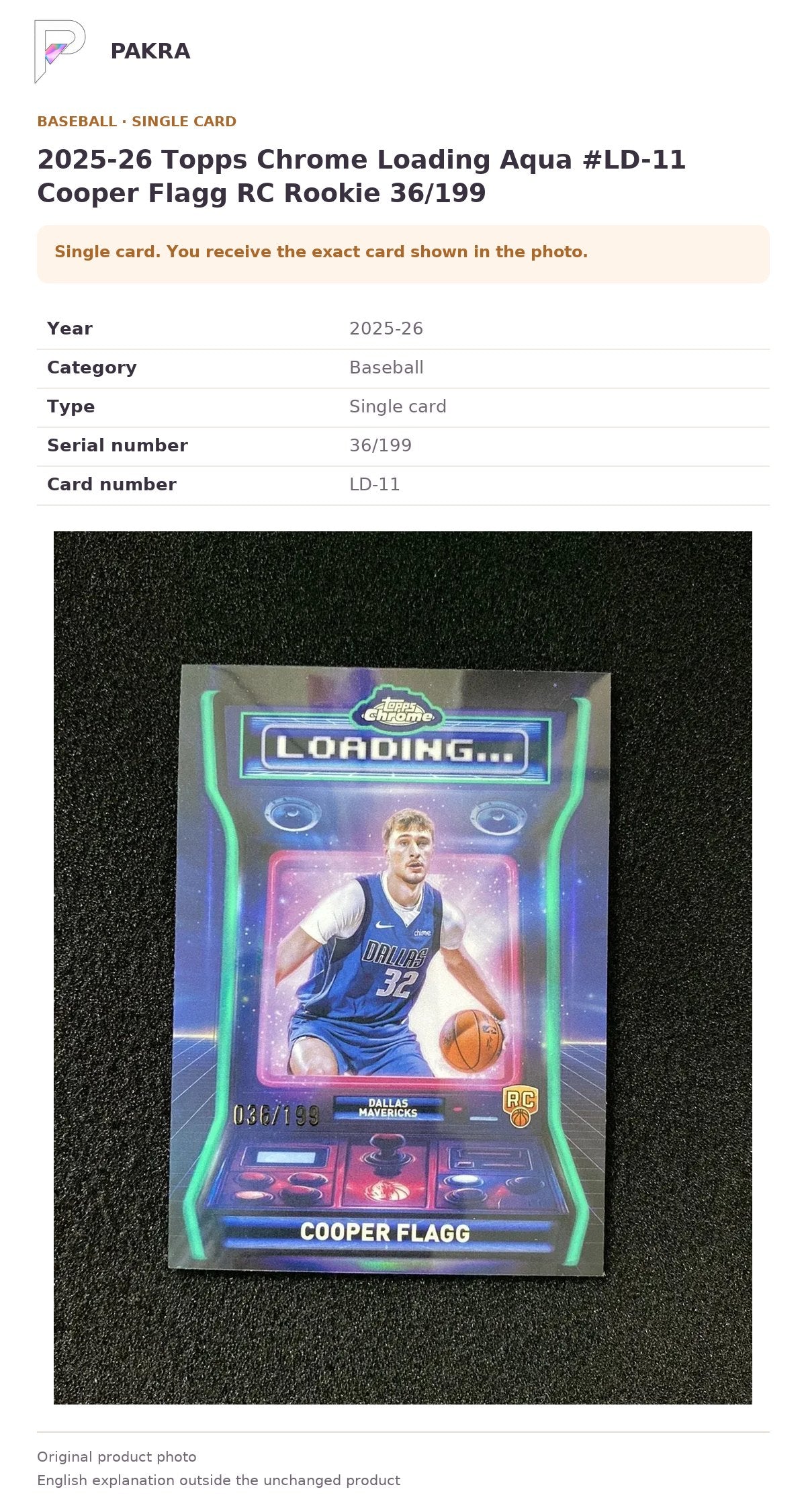 Item details and original photo for 2025-26 Topps Chrome Loading Aqua #LD-11 Cooper Flagg RC Rookie 36/199.