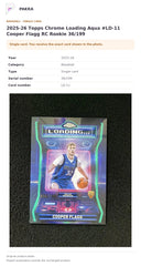 Item details and original photo for 2025-26 Topps Chrome Loading Aqua #LD-11 Cooper Flagg RC Rookie 36/199.