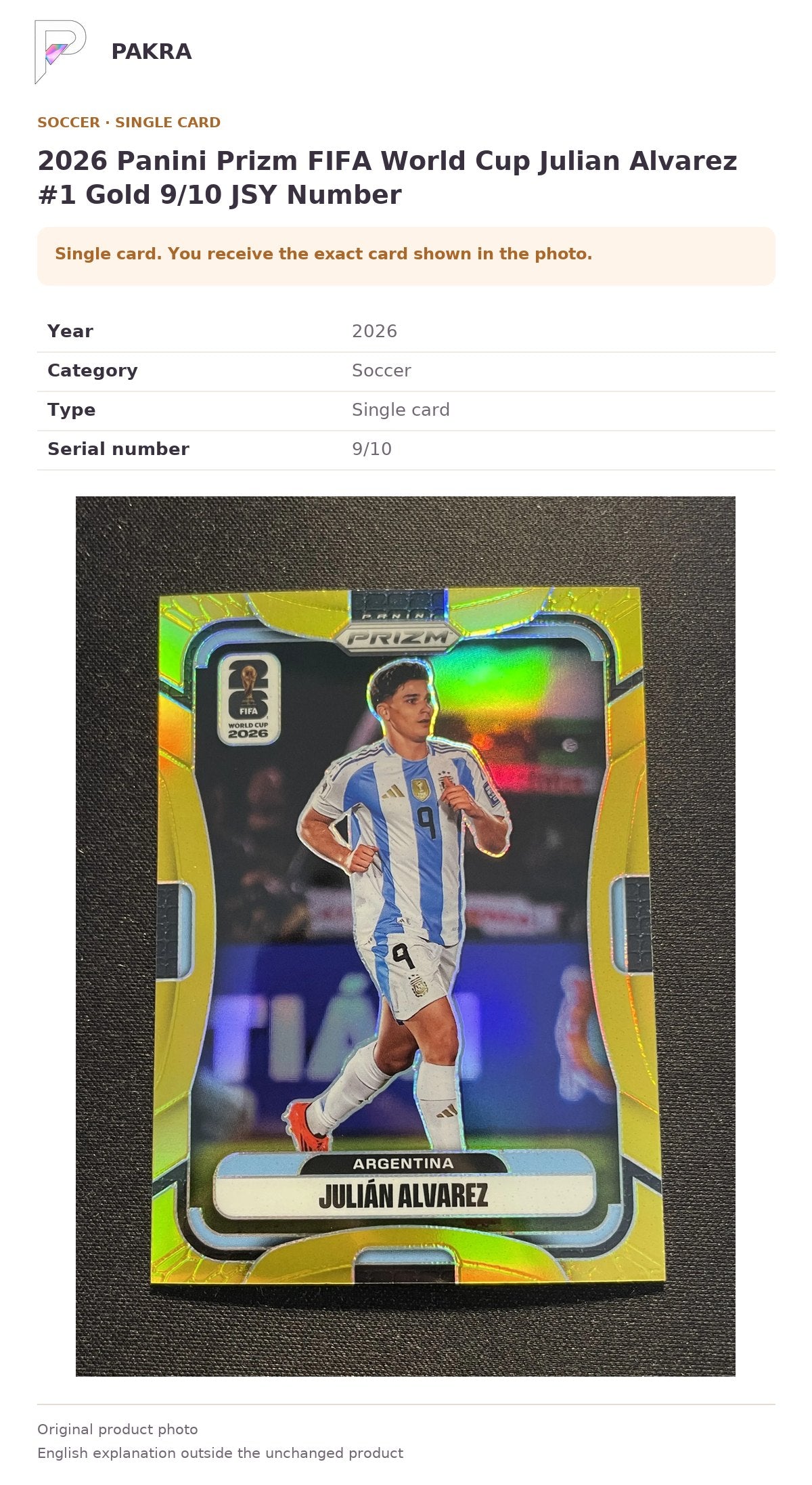 Item details and original photo for 2026 Panini Prizm FIFA World Cup Julian Alvarez #1 Gold 9/10 JSY Number.