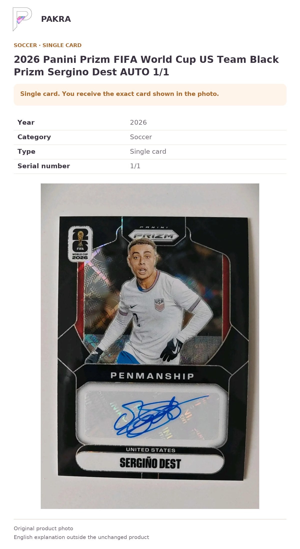Item details and original photo for 2026 Panini Prizm FIFA World Cup US Team Black Prizm Sergino Dest AUTO 1/1.