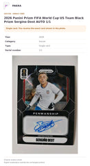 Item details and original photo for 2026 Panini Prizm FIFA World Cup US Team Black Prizm Sergino Dest AUTO 1/1.