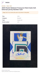 Item details and original photo for 2025 Panini National Treasures Patch Auto Colt Emerson Jersey Number 4/25.