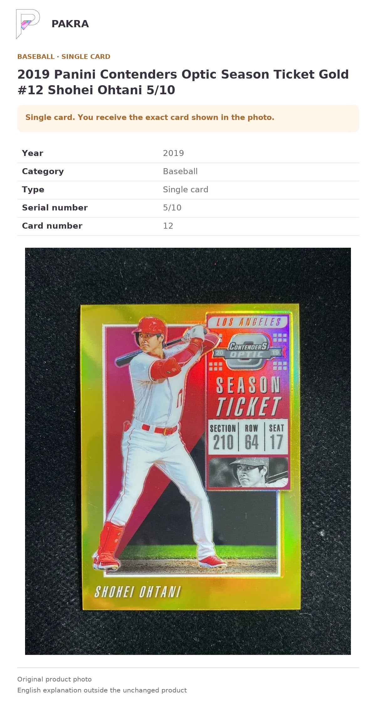 Item details and original photo for 2019 Panini Contenders Optic Season Ticket Gold #12 Shohei Ohtani 5/10.