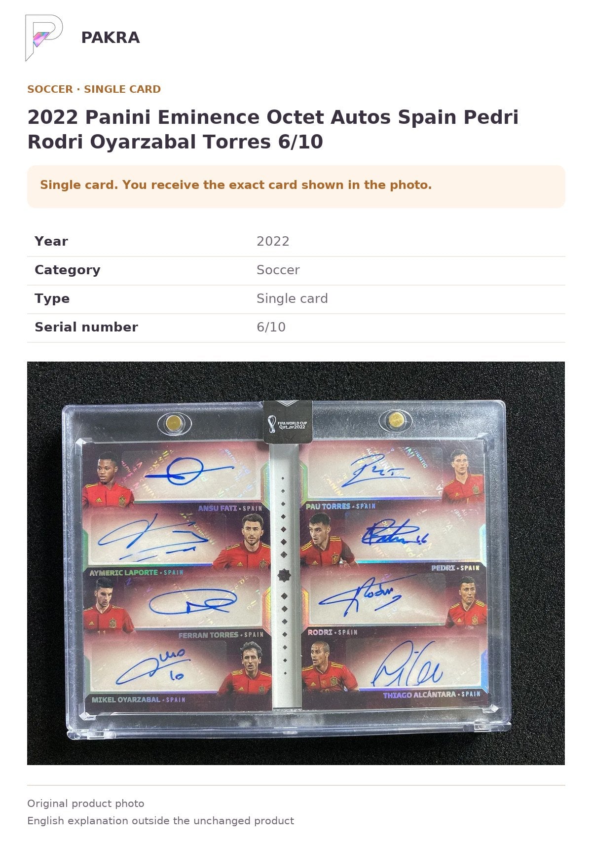 Item details and original photo for 2022 Panini Eminence Octet Autos Spain Pedri Rodri Oyarzabal Torres 6/10.