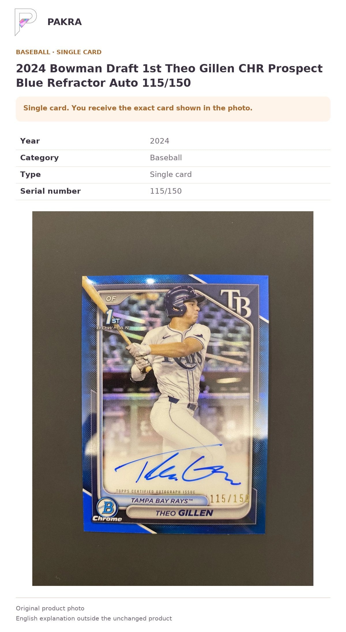 Item details and original photo for 2024 Bowman Draft 1st Theo Gillen CHR Prospect Blue Refractor Auto 115/150.