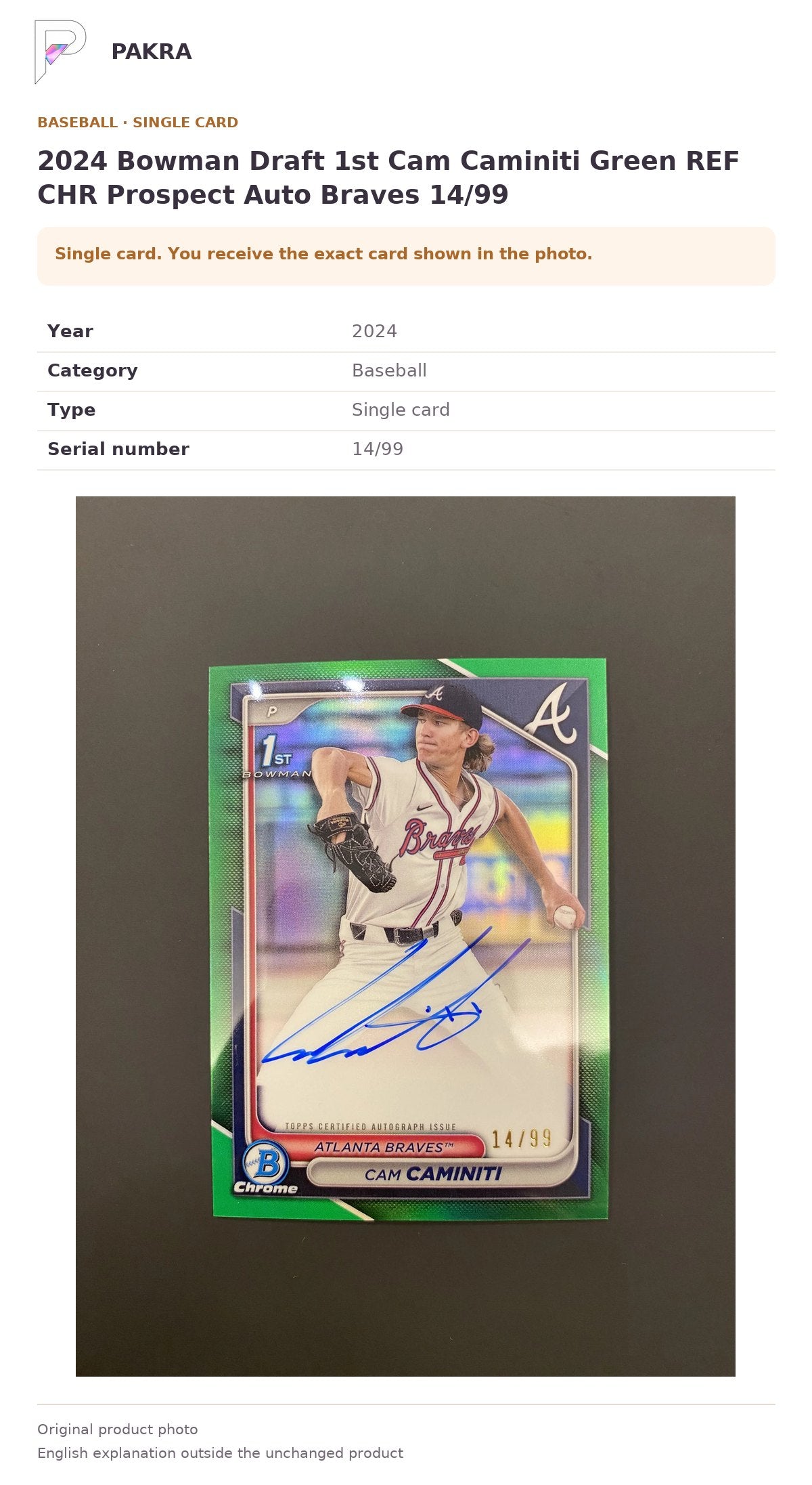 Item details and original photo for 2024 Bowman Draft 1st Cam Caminiti Green REF CHR Prospect Auto Braves 14/99.