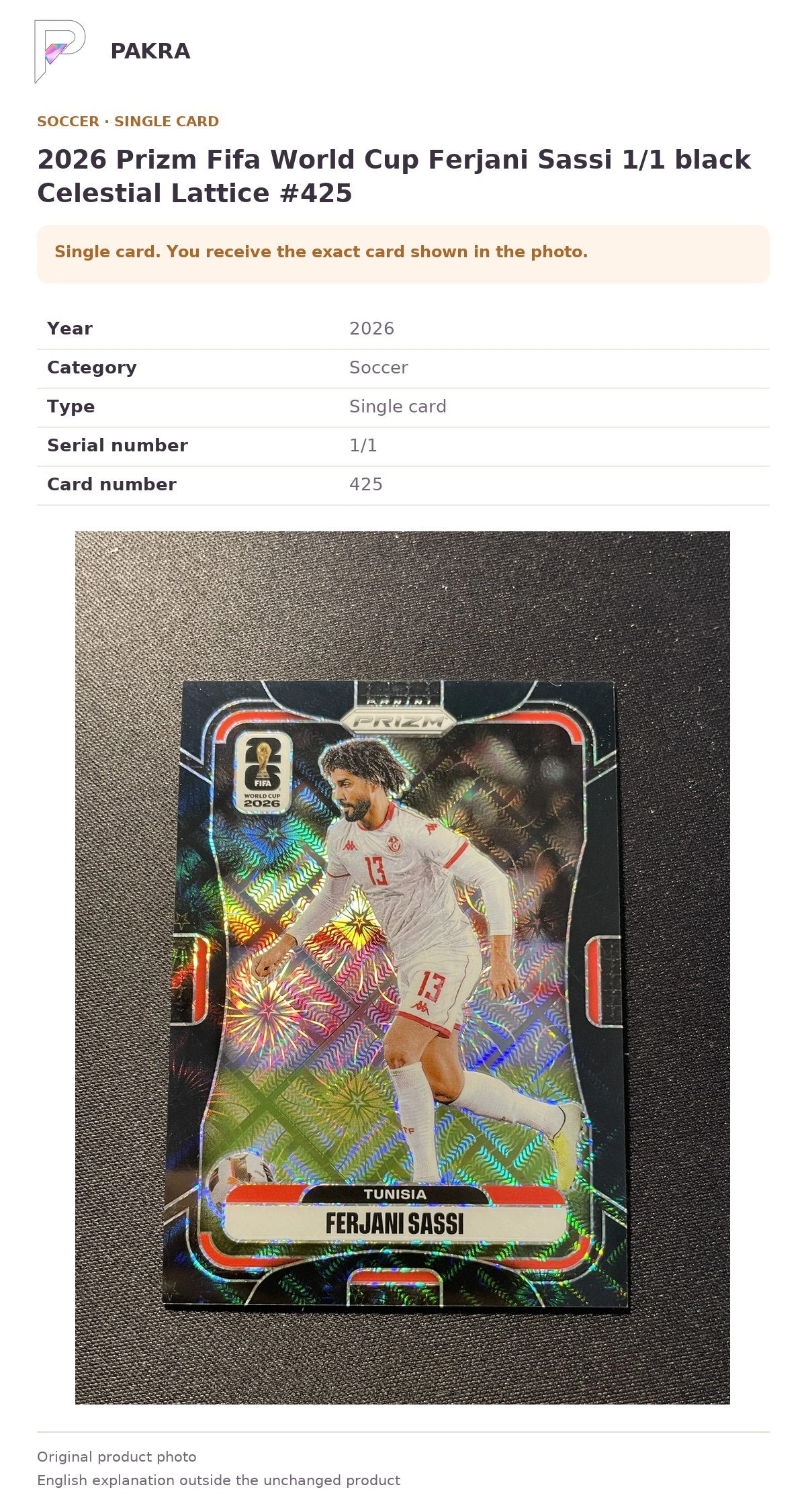 Item details and original photo for 2026 Prizm Fifa World Cup Ferjani Sassi 1/1 black Celestial Lattice #425.