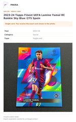 Item details and original photo for 2023-24 Topps Finest UEFA Lamine Yamal RC Rookie Sky Blue /275 Spain.
