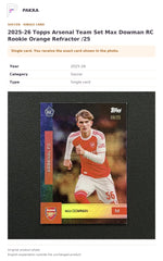 Item details and original photo for 2025-26 Topps Arsenal Team Set Max Dowman RC Rookie Orange Refractor /25.