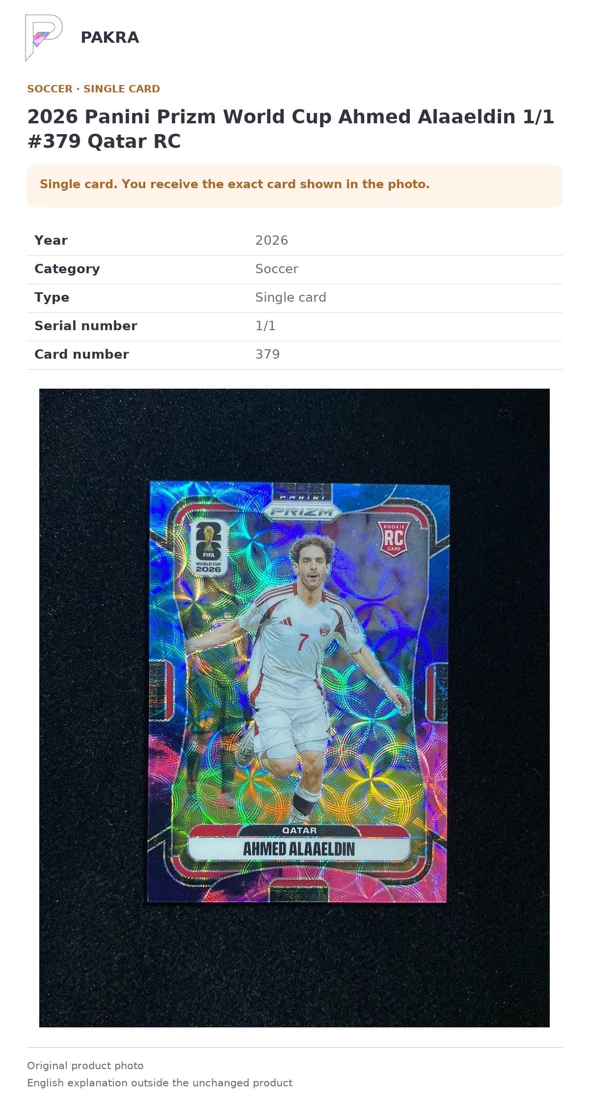 Item details and original photo for 2026 Panini Prizm World Cup Ahmed Alaaeldin 1/1 #379 Qatar RC.