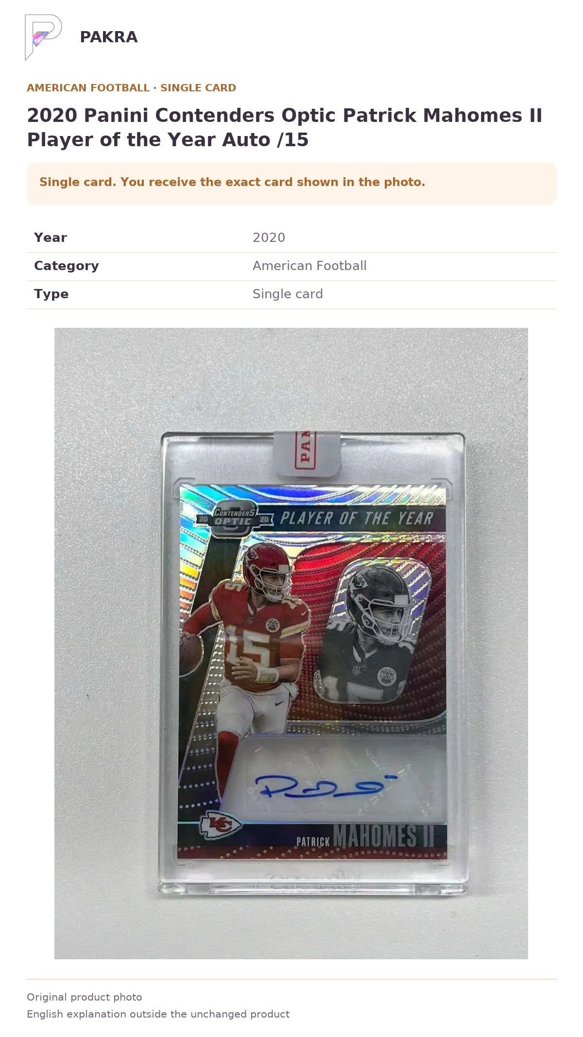 Item details and original photo for 2020 Panini Contenders Optic Patrick Mahomes II Player of the Year Auto /15.