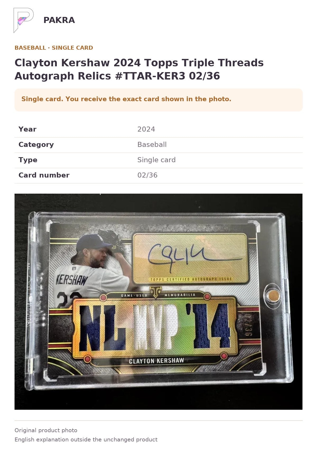 Item details and original photo for Clayton Kershaw 2024 Topps Triple Threads Autograph Relics #TTAR-KER3 02/36.