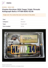 Item details and original photo for Clayton Kershaw 2024 Topps Triple Threads Autograph Relics #TTAR-KER3 02/36.