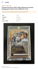 Item details and original photo for Clayton Kershaw 2025 Topps Museum Framed Autographs Gold Frame #FMA-CK #/10.