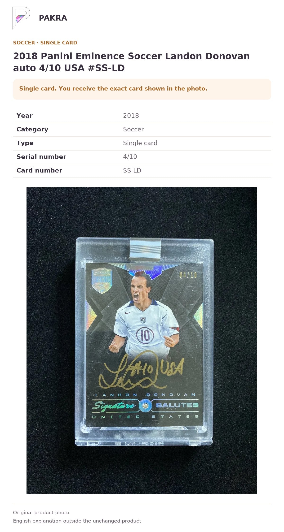 Item details and original photo for 2018 Panini Eminence Soccer Landon Donovan auto 4/10 USA #SS-LD.