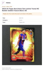 Item details and original photo for 2023-24 Topps Barcelona Set Lamine Yamal RC Rookie Golden Future Black /50.