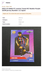 Item details and original photo for 2022-23 DAKA FC Lamine Yamal RC Rookie Purple 10/99 Jersey Number 1/1 Spain.