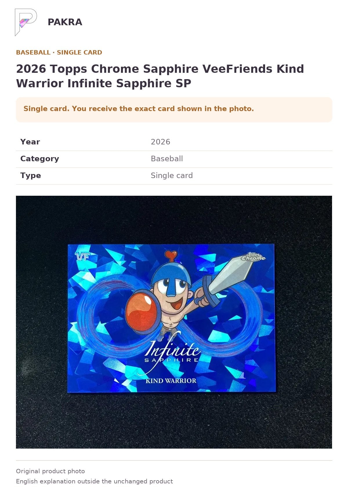 Item details and original photo for 2026 Topps Chrome Sapphire VeeFriends Kind Warrior Infinite Sapphire SP.
