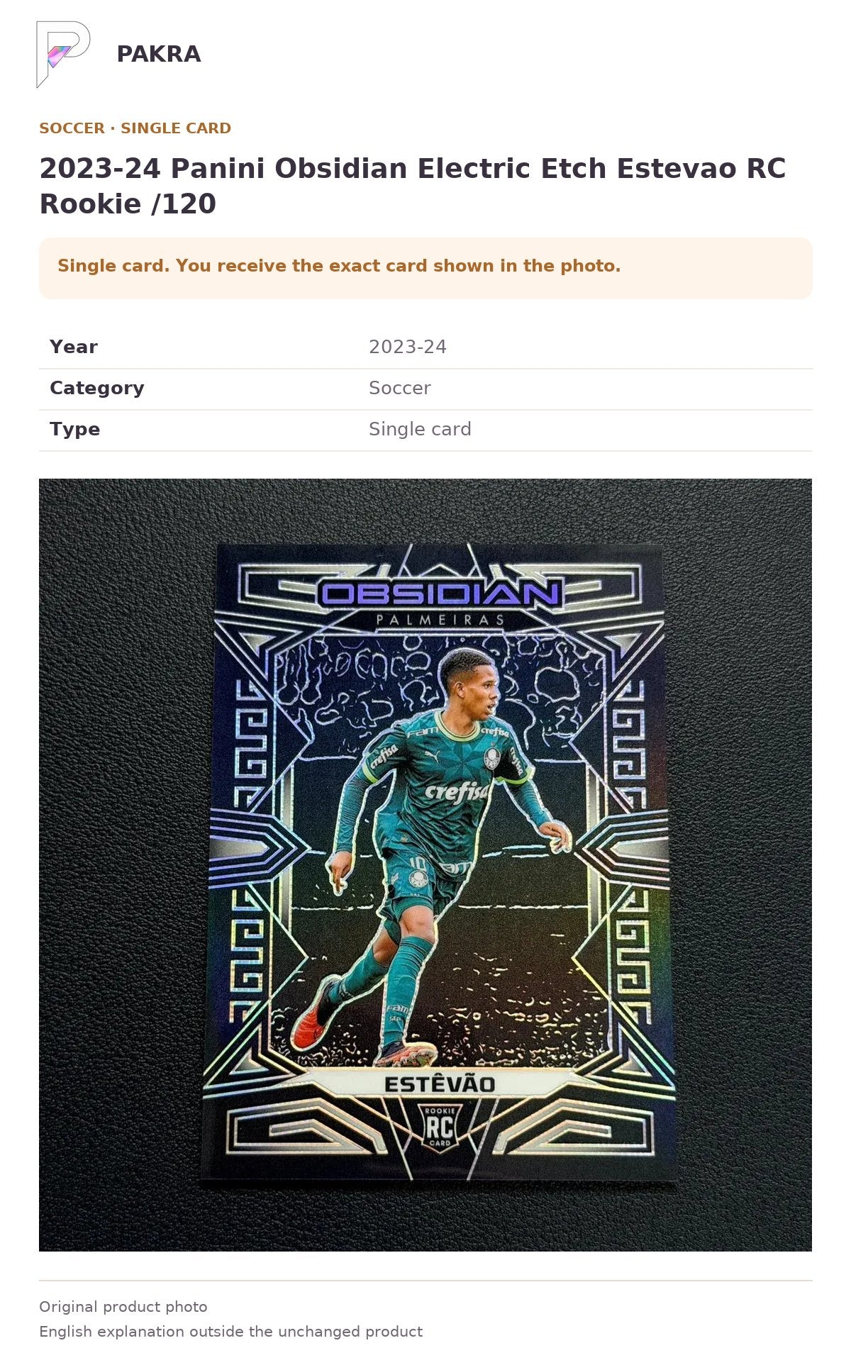 Item details and original photo for 2023-24 Panini Obsidian Electric Etch Estevao RC Rookie /120.