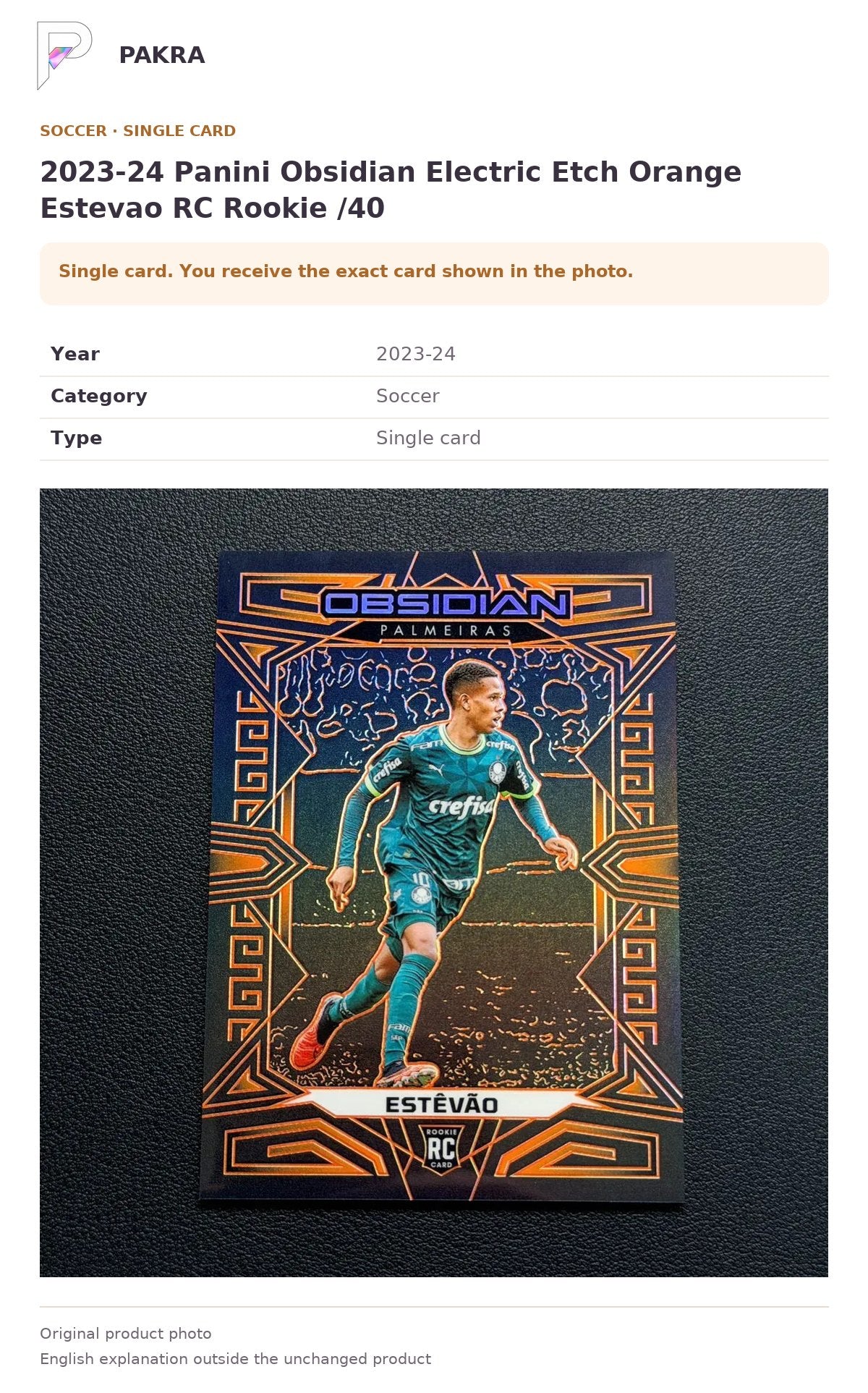 Item details and original photo for 2023-24 Panini Obsidian Electric Etch Orange Estevao RC Rookie /40.
