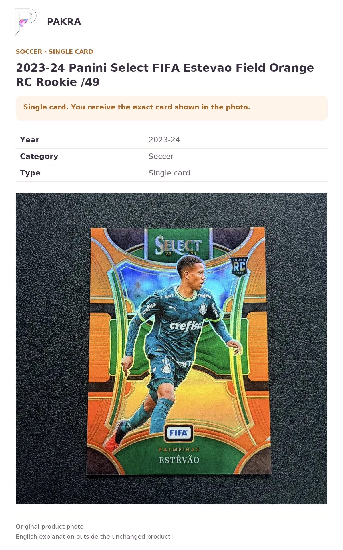 Item details and original photo for 2023-24 Panini Select FIFA Estevao Field Orange RC Rookie /49.