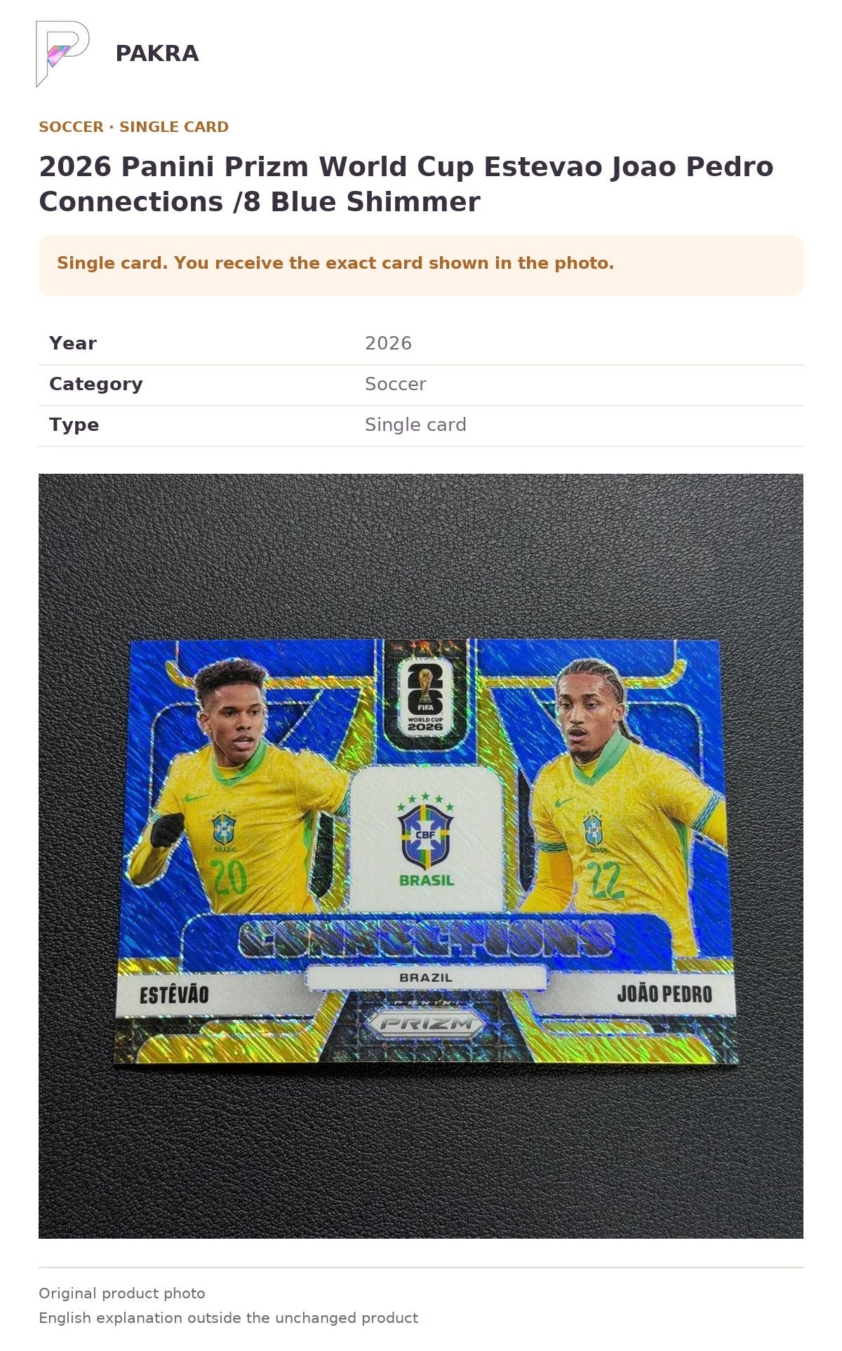Item details and original photo for 2026 Panini Prizm World Cup Estevao Joao Pedro Connections /8 Blue Shimmer.