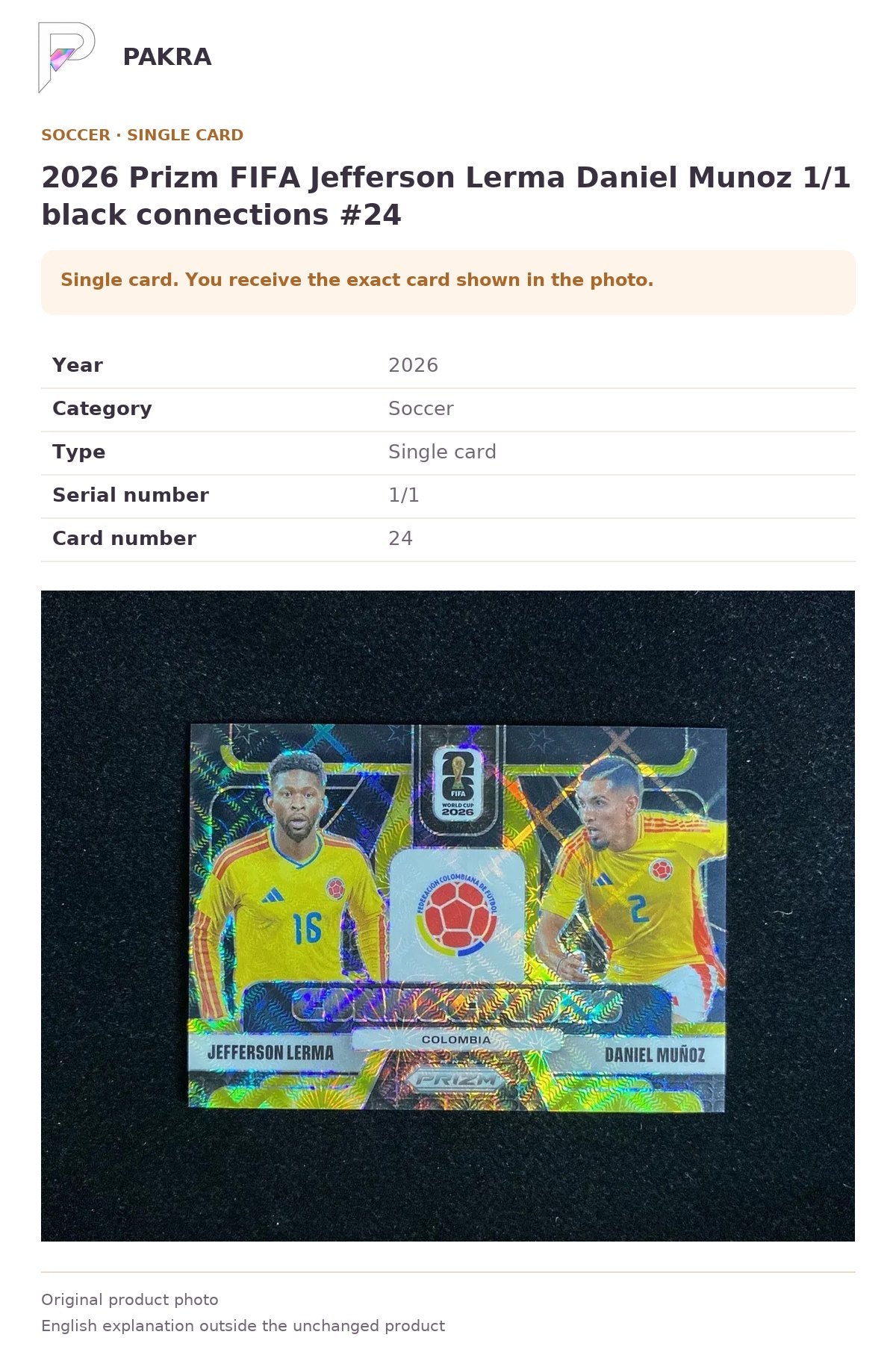 Item details and original photo for 2026 Prizm FIFA Jefferson Lerma Daniel Munoz 1/1 black connections #24.