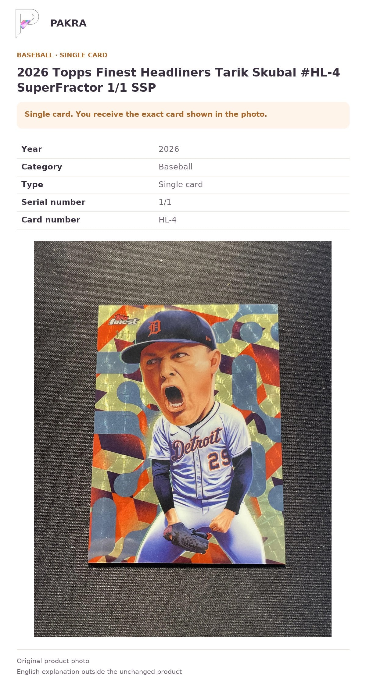 Item details and original photo for 2026 Topps Finest Headliners Tarik Skubal #HL-4 SuperFractor 1/1 SSP.