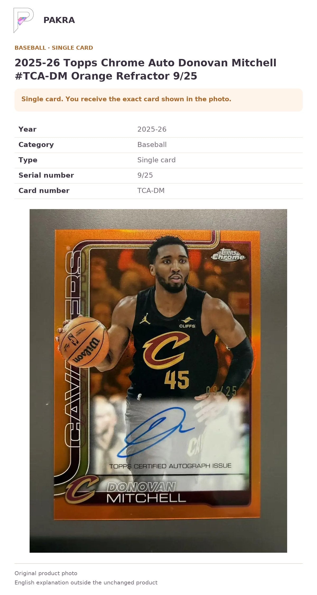 Item details and original photo for 2025-26 Topps Chrome Auto Donovan Mitchell #TCA-DM Orange Refractor 9/25.