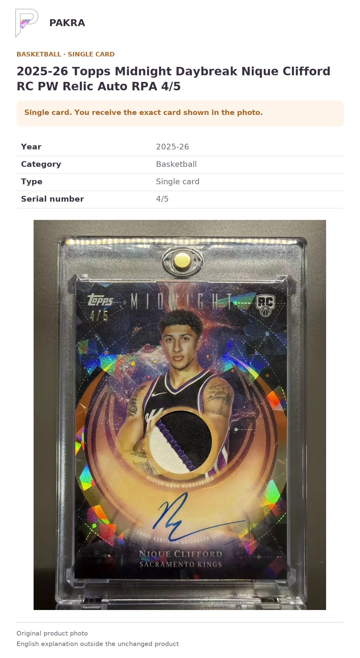 Item details and original photo for 2025-26 Topps Midnight Daybreak Nique Clifford RC PW Relic Auto RPA 4/5.