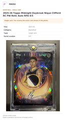 Item details and original photo for 2025-26 Topps Midnight Daybreak Nique Clifford RC PW Relic Auto RPA 4/5.