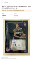 Item details and original photo for 2025-26 Topps Flagship Real Black Rainbow Nique Clifford RC Rookie Auto /10.