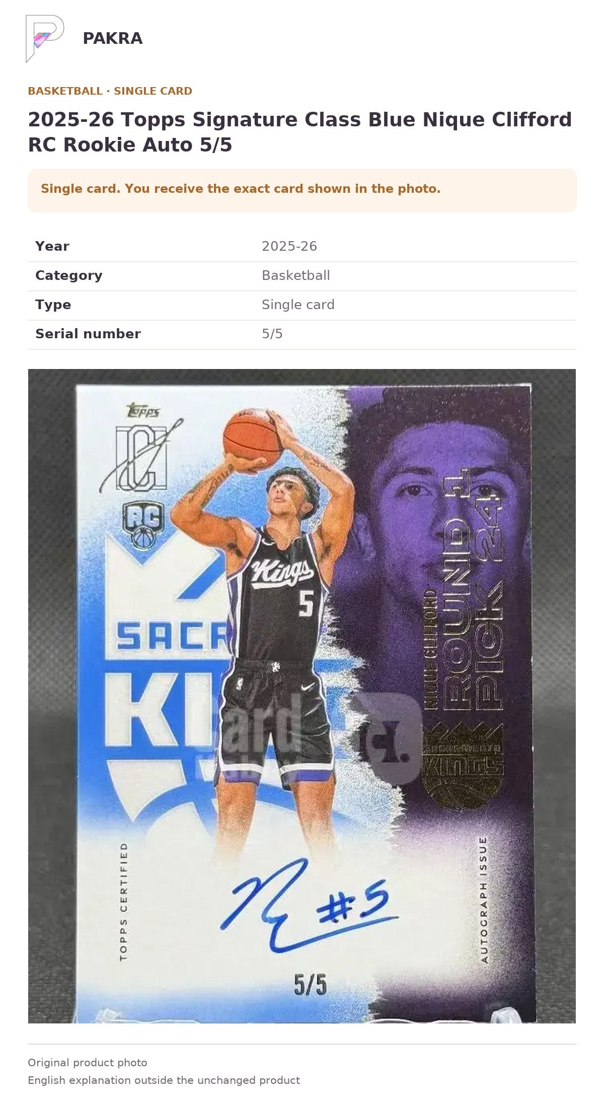 Item details and original photo for 2025-26 Topps Signature Class Blue Nique Clifford RC Rookie Auto 5/5.