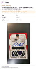 Item details and original photo for 2025 TOPPS DEFINITIVE CHASE DOLLANDER RC ROOKIE RED PATCH AUTO 2/5.