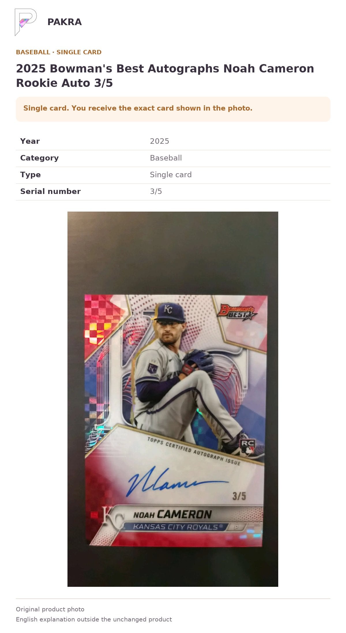 Item details and original photo for 2025 Bowman's Best Autographs Noah Cameron Rookie Auto 3/5.