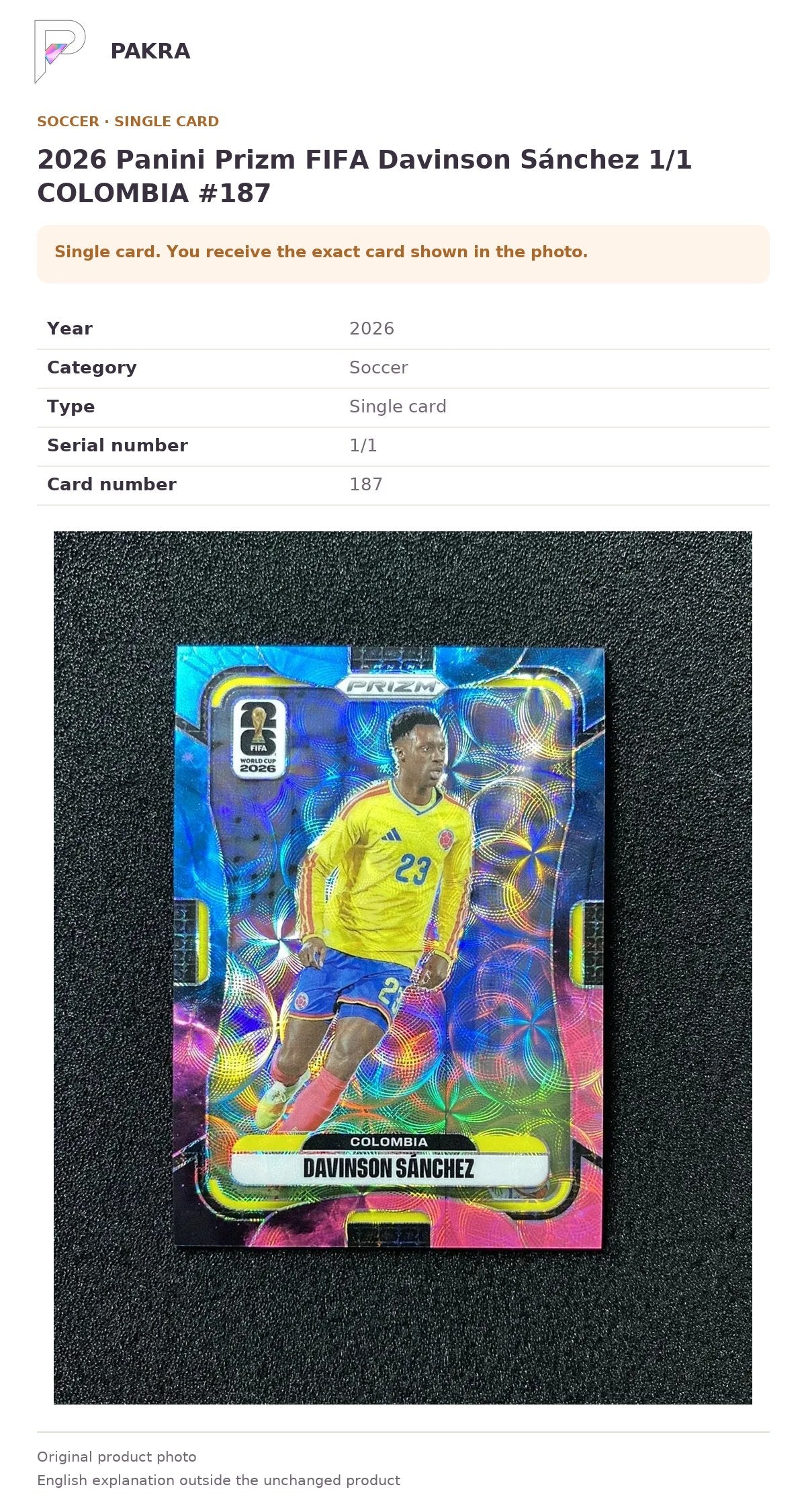 Item details and original photo for 2026 Panini Prizm FIFA Davinson Sánchez 1/1 COLOMBIA #187.