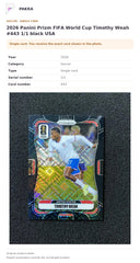 Item details and original photo for 2026 Panini Prizm FIFA World Cup Timothy Weah #443 1/1 black USA.