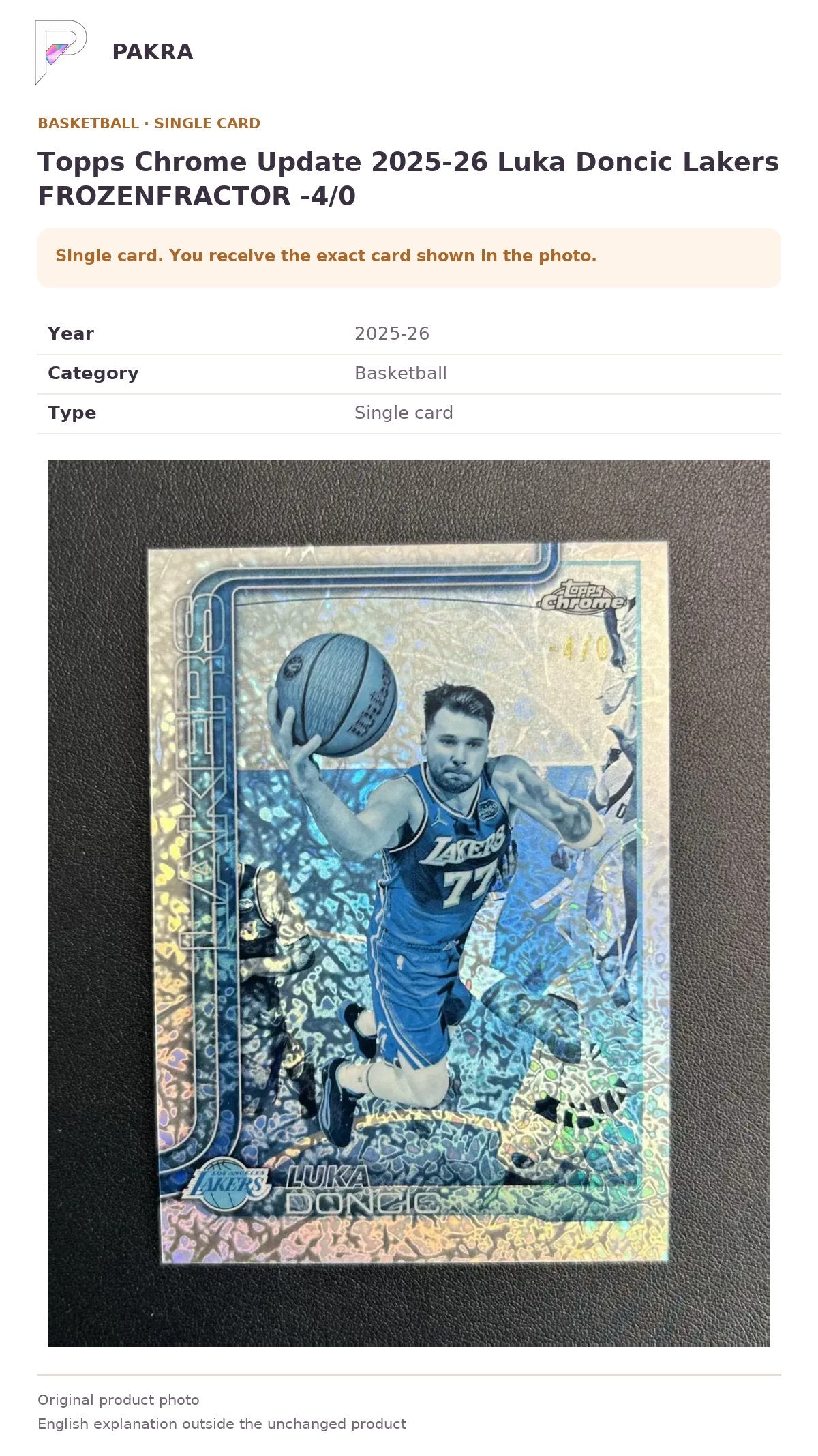 Item details and original photo for Topps Chrome Update 2025-26 Luka Doncic Lakers FROZENFRACTOR -4/0.