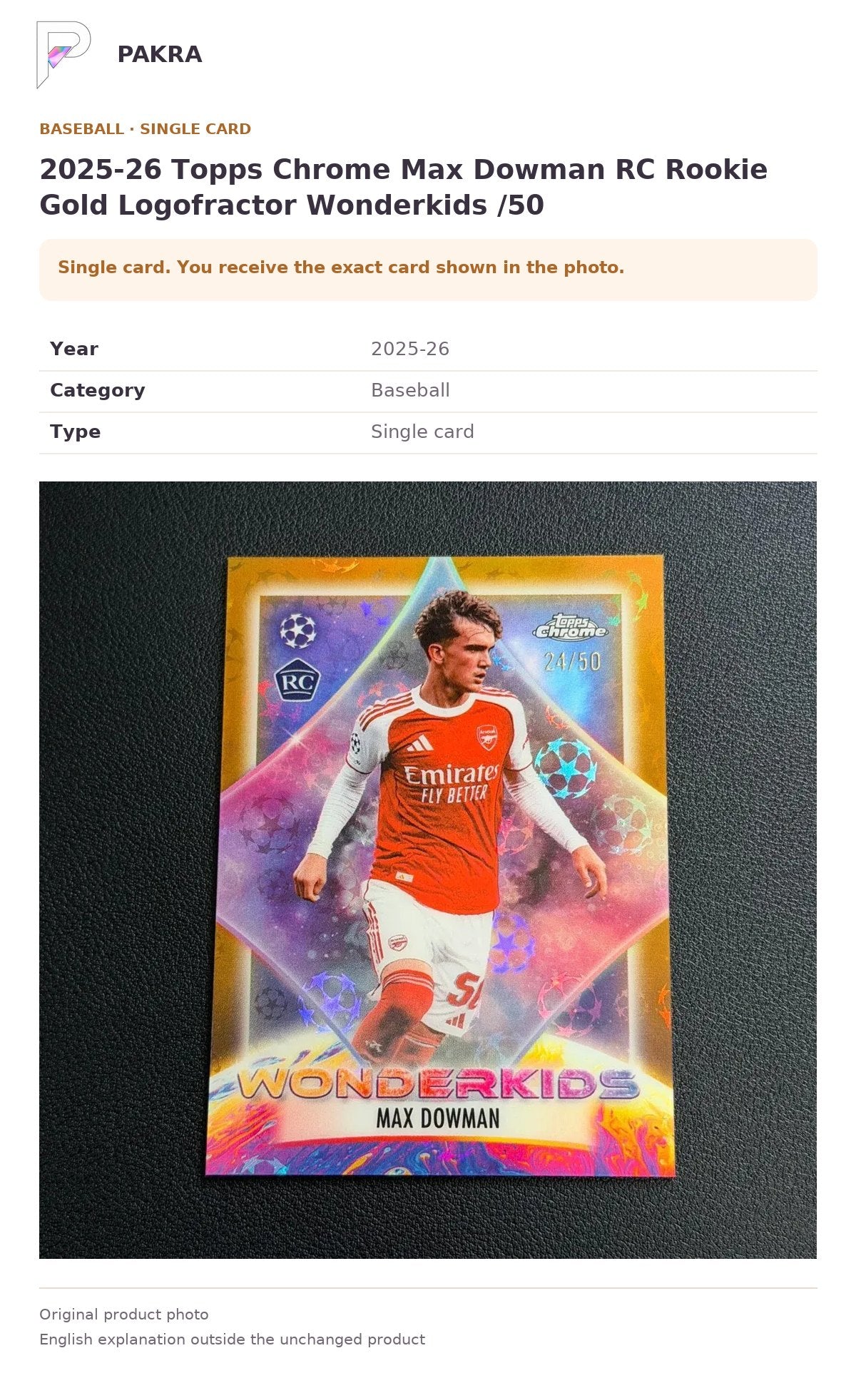 Item details and original photo for 2025-26 Topps Chrome Max Dowman RC Rookie Gold Logofractor Wonderkids /50.