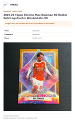 Item details and original photo for 2025-26 Topps Chrome Max Dowman RC Rookie Gold Logofractor Wonderkids /50.