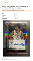 Item details and original photo for 2025-26 Topps Chrome Auto Dylan Harper RC Rookie #TCAR-DH Refractor Spurs.