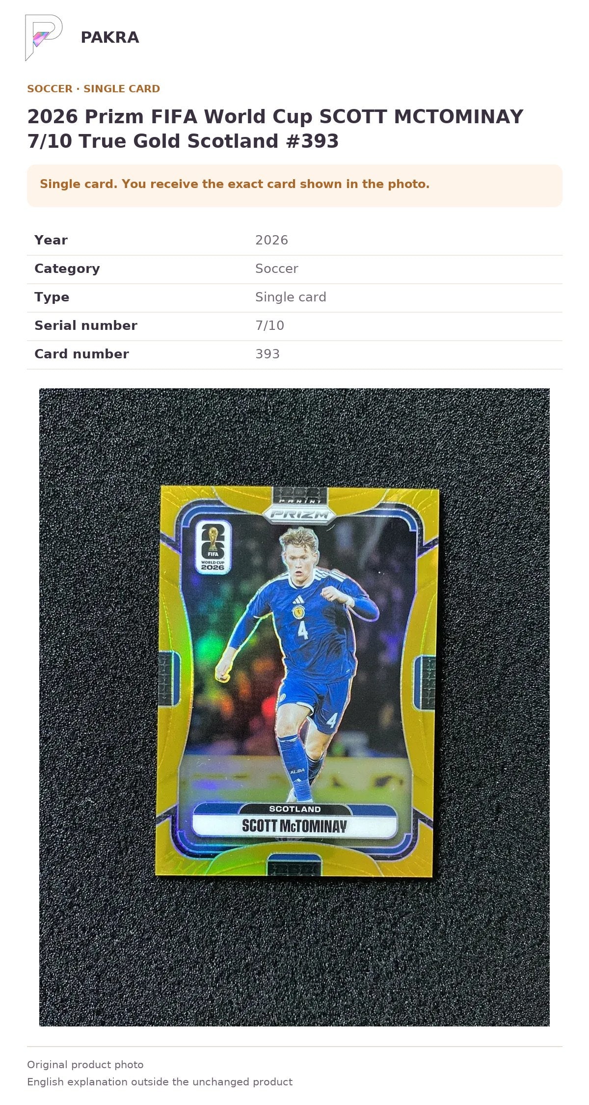 Item details and original photo for 2026 Prizm FIFA World Cup SCOTT MCTOMINAY 7/10 True Gold Scotland #393.