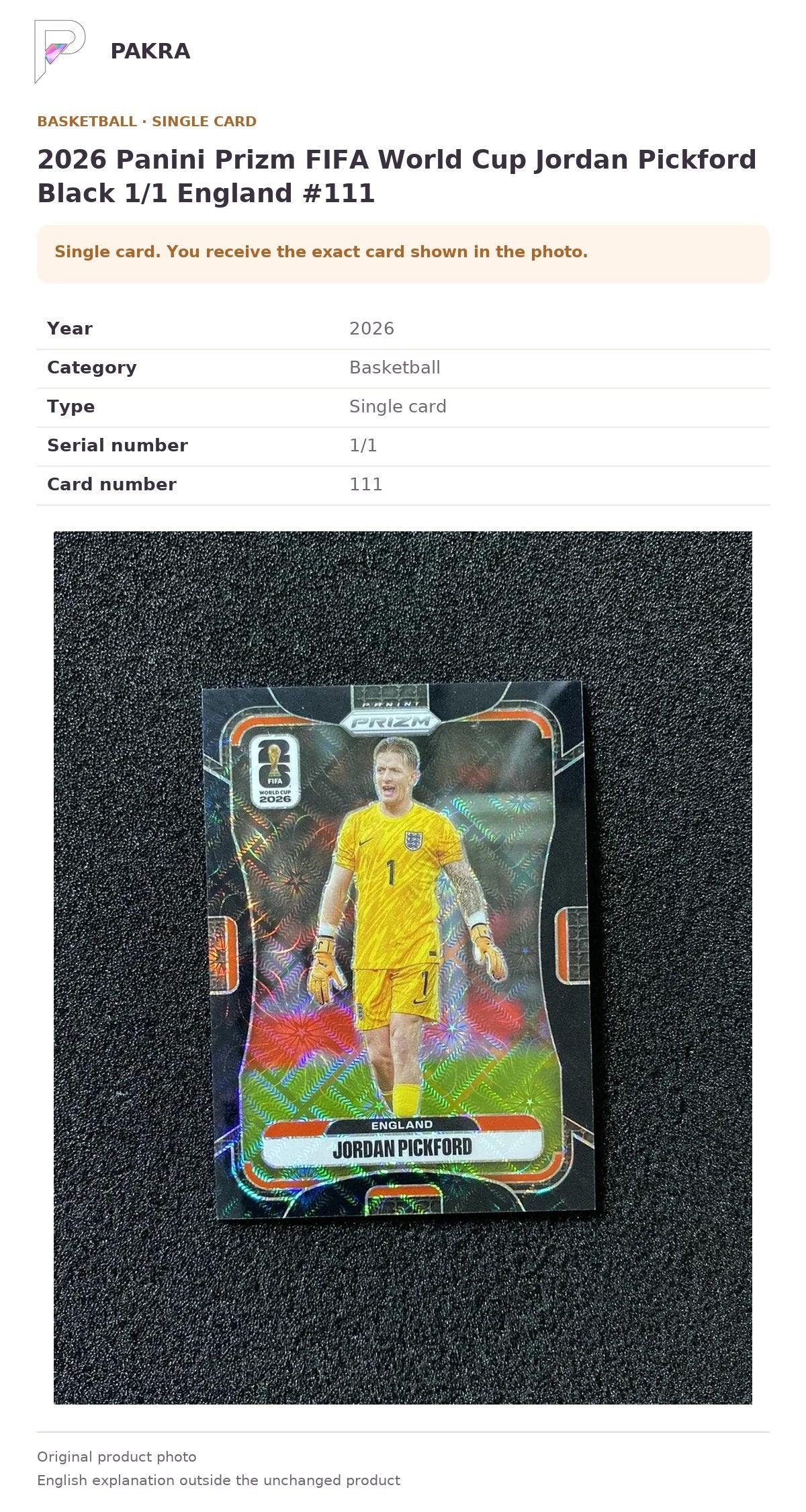 Item details and original photo for 2026 Panini Prizm FIFA World Cup Jordan Pickford Black 1/1 England #111.