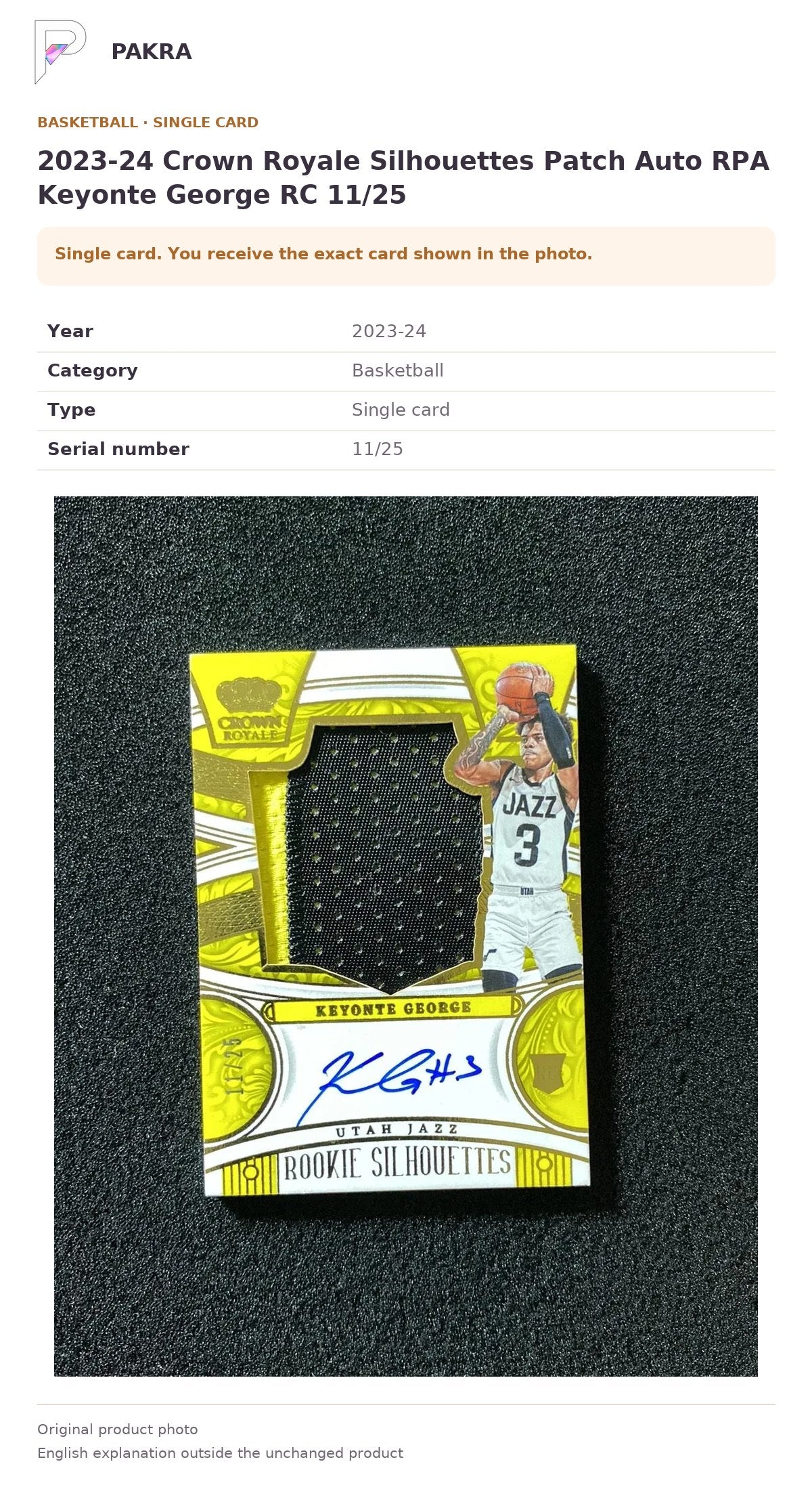 Item details and original photo for 2023-24 Crown Royale Silhouettes Patch Auto RPA Keyonte George RC 11/25.